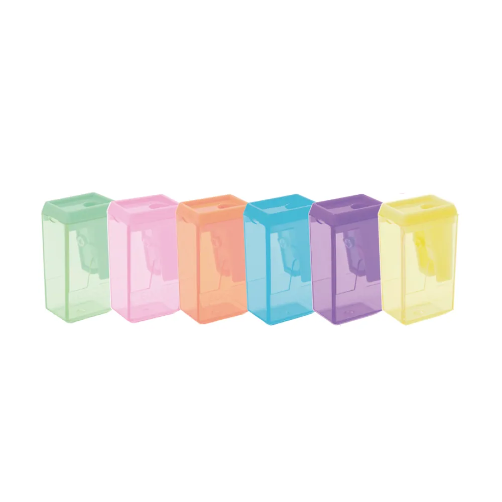 APONTADOR PLAST.C/DEPOSITO RETANGULAR 40MM PASTEL TREND CX/24UND LEOELEO